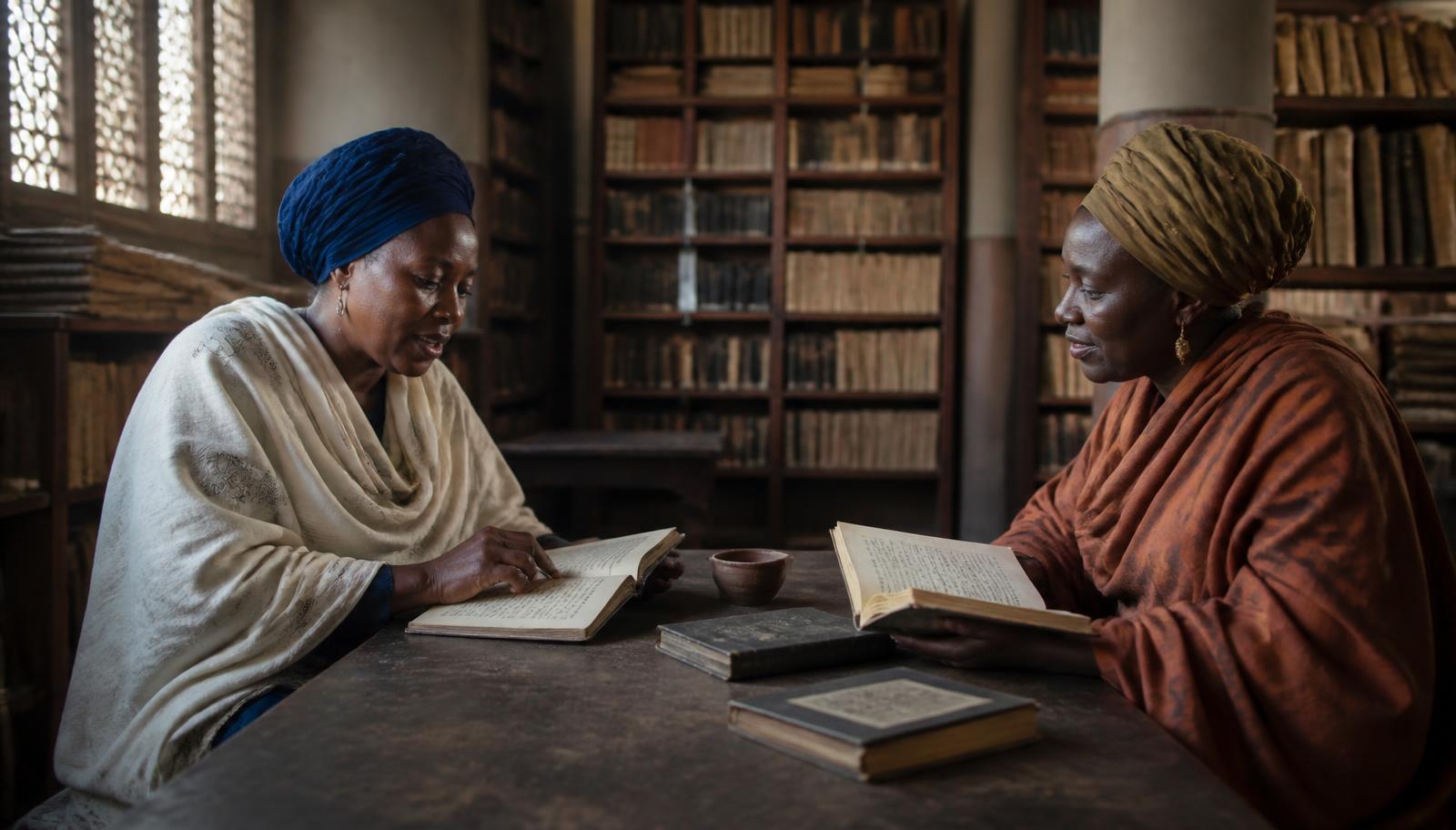 Two women stewards reading from an open bound manuscript together in a quiet institutional library