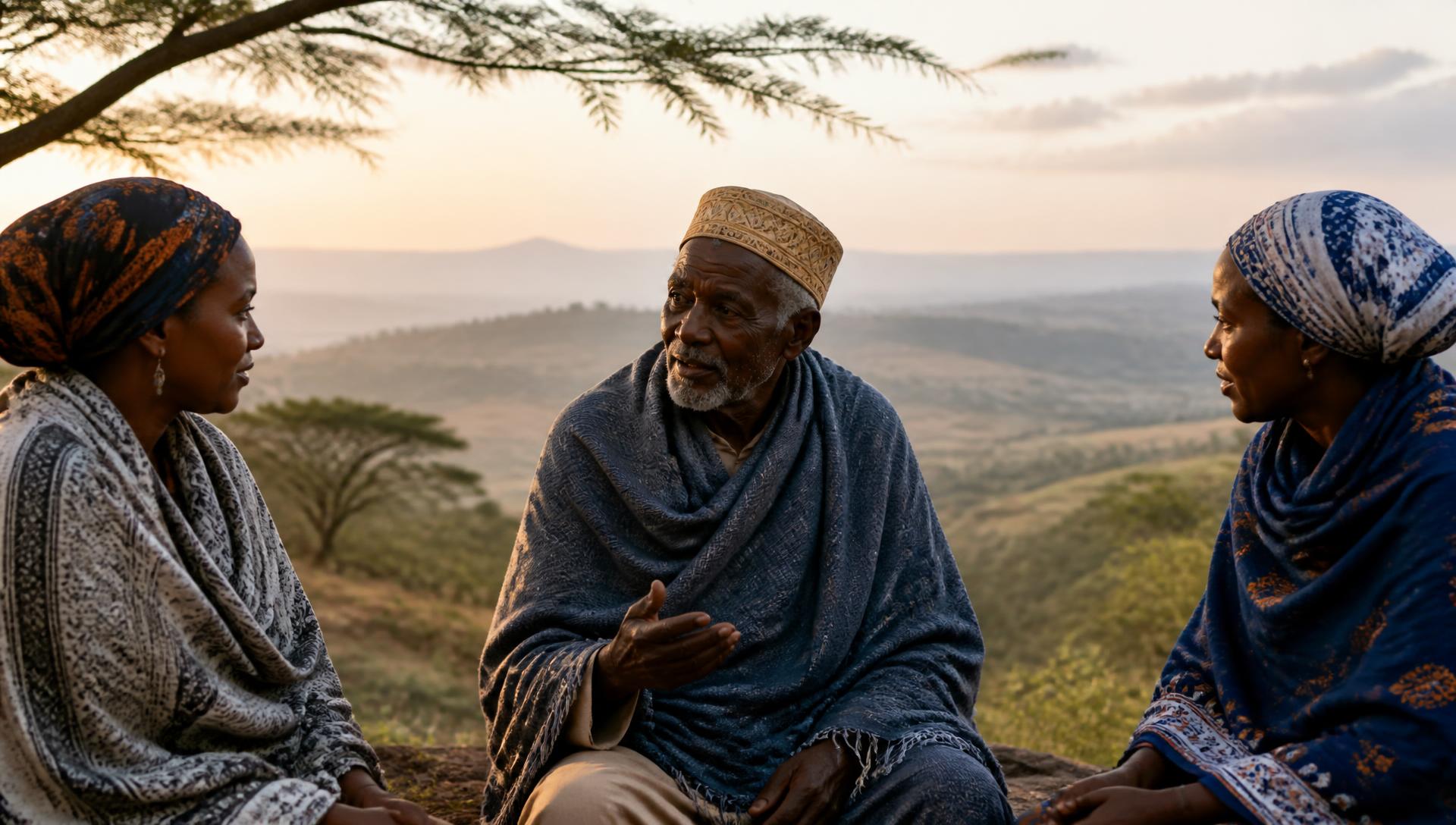 A circle of women and an elder gathered under an acacia tree on the Kenyan highlands, in quiet conversation at golden light