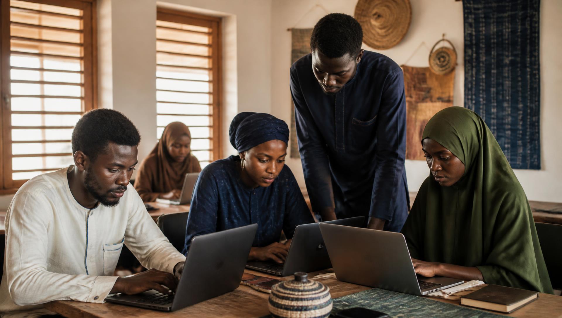 Young African technologists and community data stewards working together at a shared table
