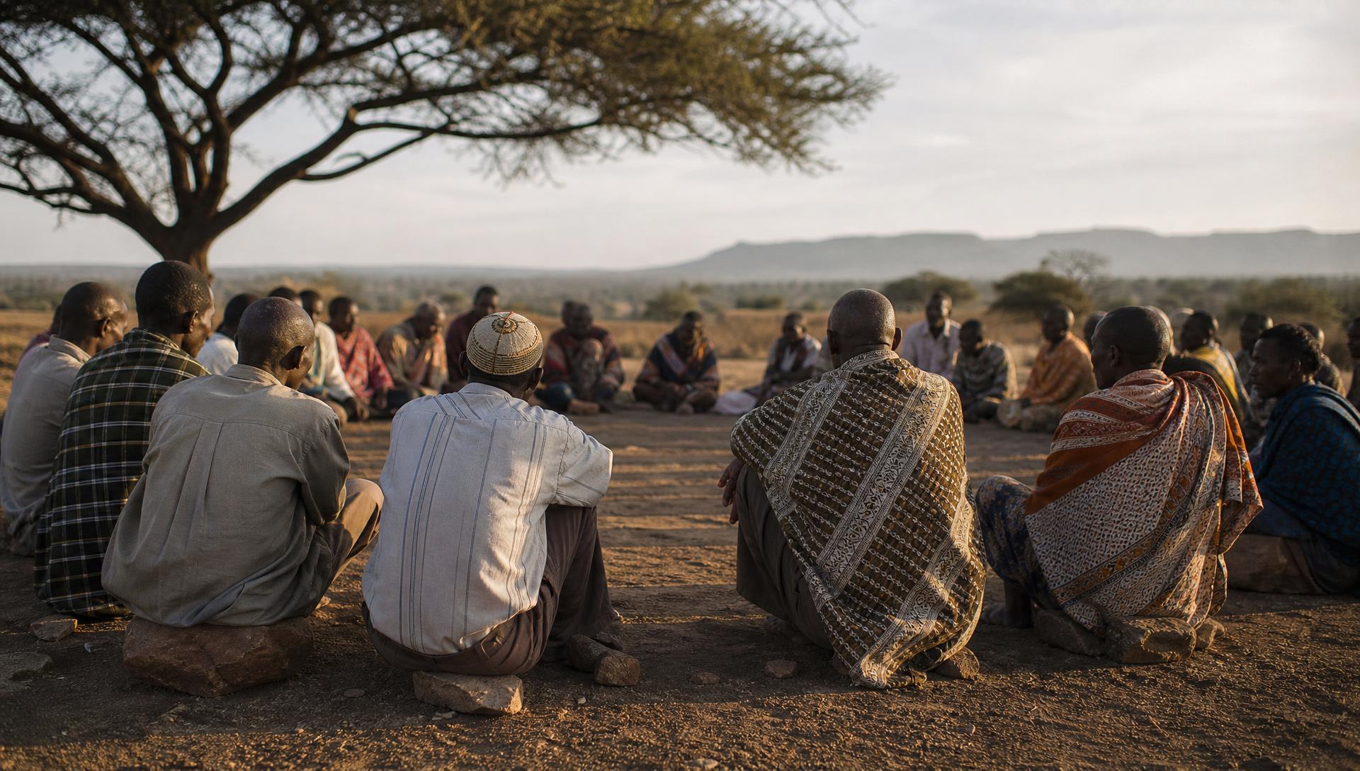 Community elders and younger members seated in a listening circle beneath an acacia tree