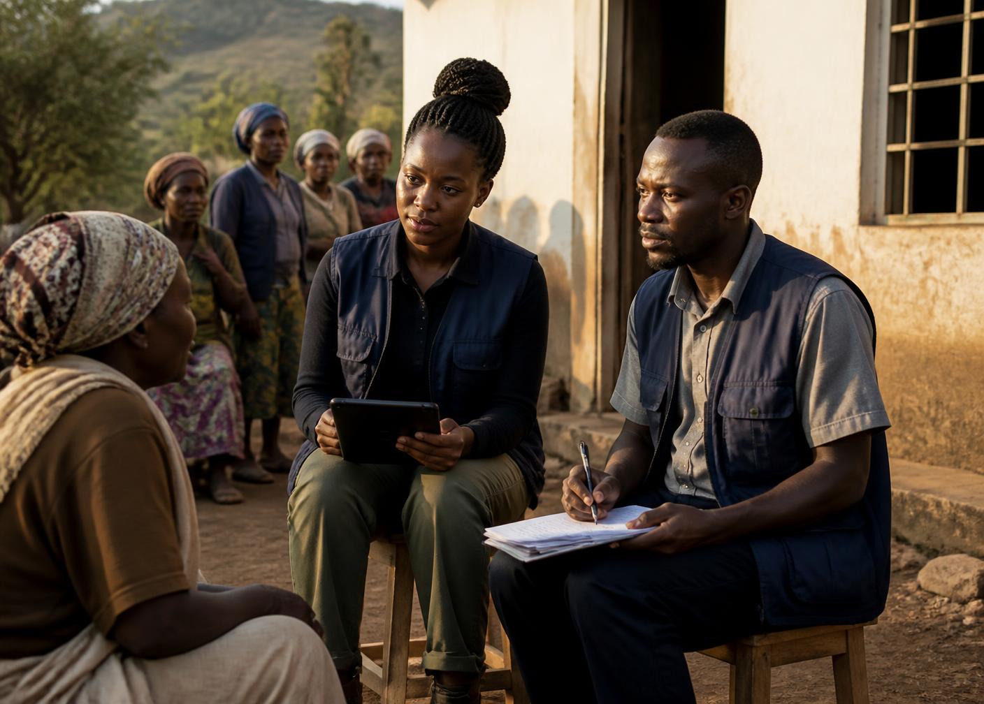 Field researchers recording evidence in conversation with community members outside a rural health post
