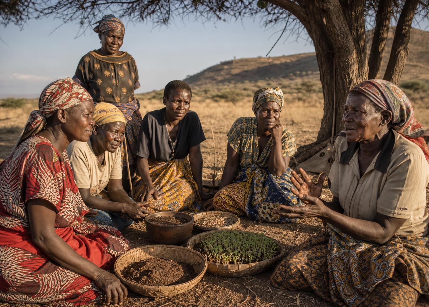 Women from a village gathered under an acacia tree for a structured field study session, examining soil and seedling samples in clay bowls