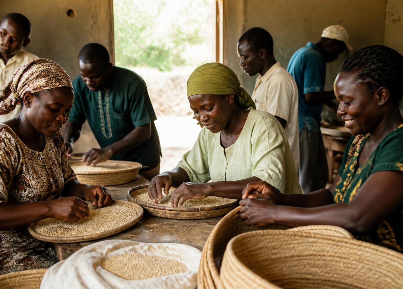 Women and men sorting grain together in a cooperative workshop lit by daylight